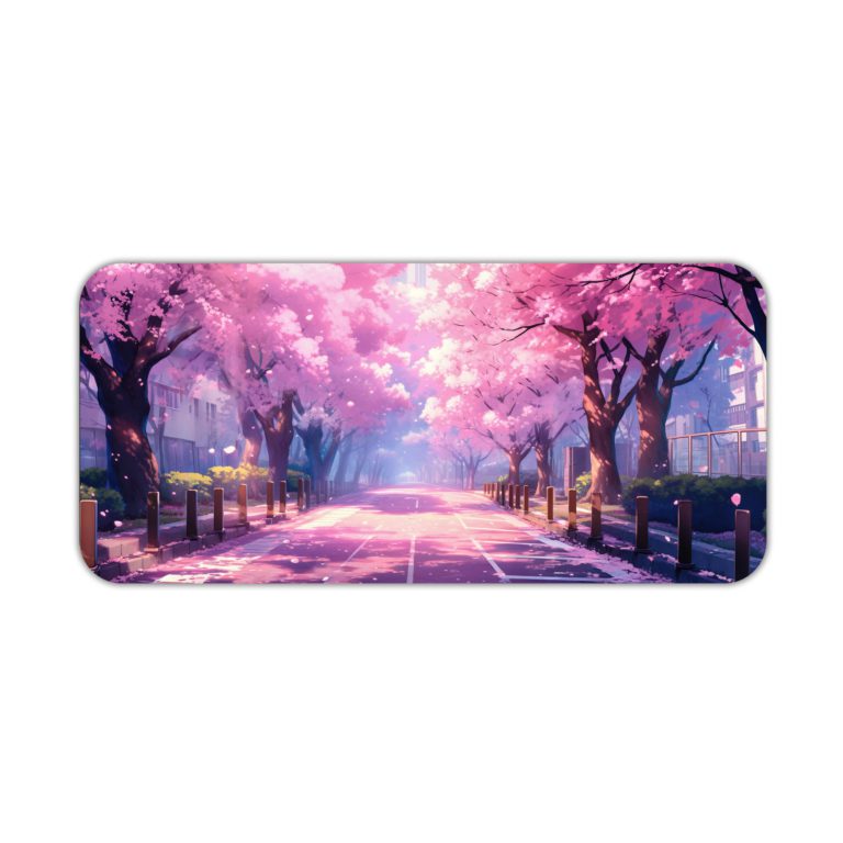 Desk mat featuring cherry blossom trees lining a peaceful pink and purple pathway. Desk Pad kept on a plain white background