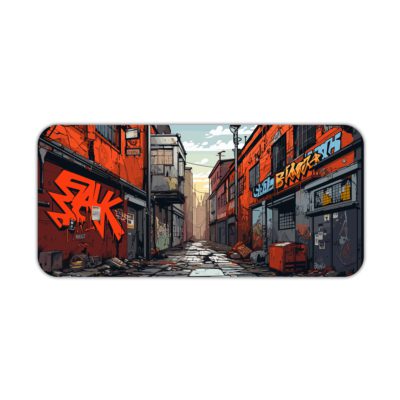 Desk pad showing a narrow street with colorful buildings and graffiti, creating a dynamic urban atmosphere. Desk Pad kept on a plain white background