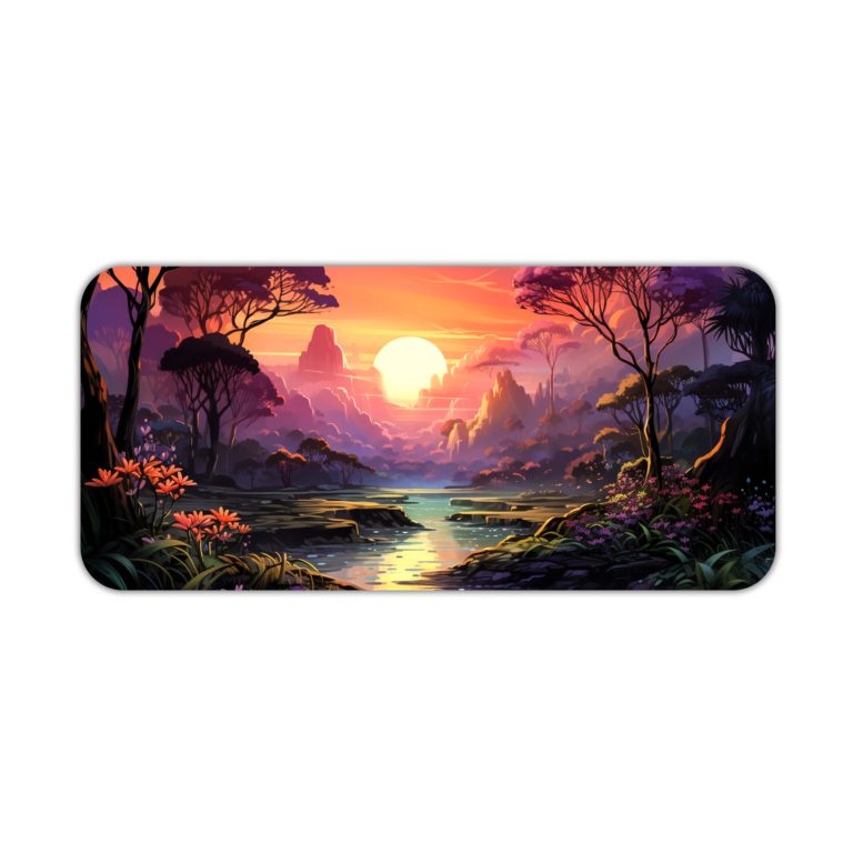 Desk pad with a tranquil lake, colorful sky, and silhouetted trees, featuring vibrant shades of orange, purple, and blue. Desk Pad kept on a plain white background