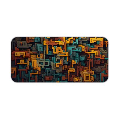 Infidu desk pad with a complex, maze-like pattern in brown, orange, and teal tones. Desk Pad kept on a plain white background