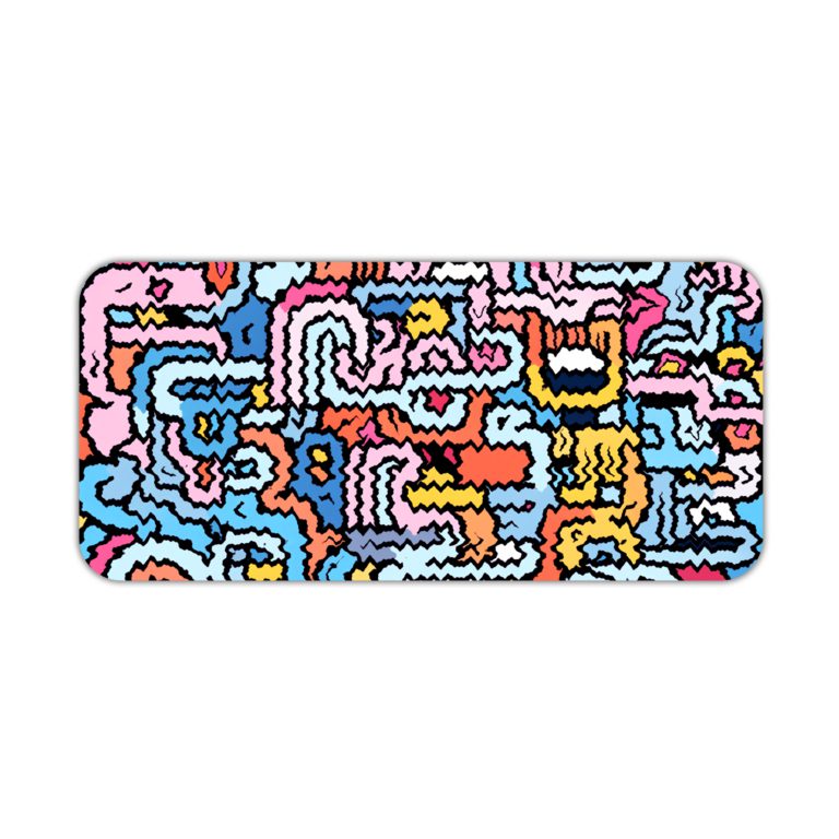 Colorful abstract maze design desk pad with wavy lines in blue, pink, yellow, white, and black on a light blue background. Desk Pad kept on a plain white background