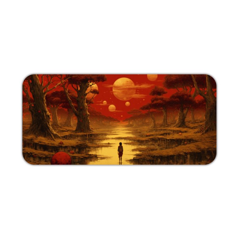 Desk pad featuring a colorful sunset over a forest, with warm shades of red, orange, and yellow. Trees in the foreground and a glowing sun in the sky. Desk Pad kept on a plain white background