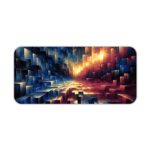 Desk pad with an abstract, colorful design featuring deep blues, warm oranges, and purple tones in geometric, pixelated patterns. Desk Pad kept on a plain white background