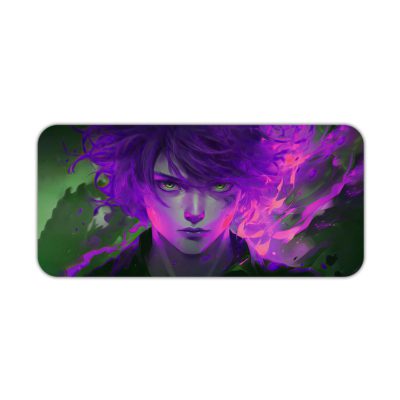 Desk pad featuring an anime boy with vibrant neon purple hair, smoky effects, and a mysterious green background. Desk Pad kept on a plain white background