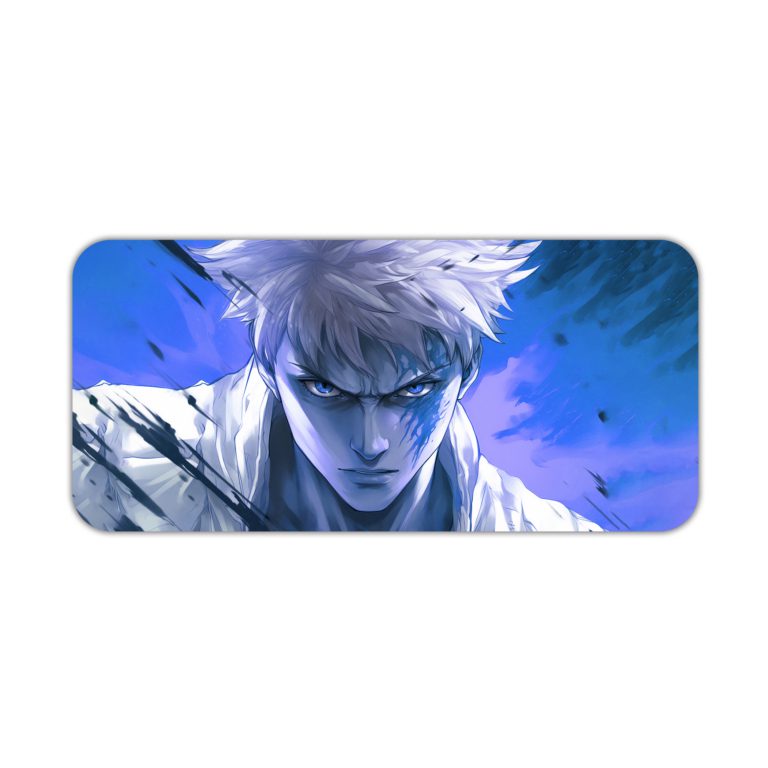 Desk pad featuring a manga-style anime character with white hair and a serious expression on a vibrant blue background. Desk Pad kept on a plain white background