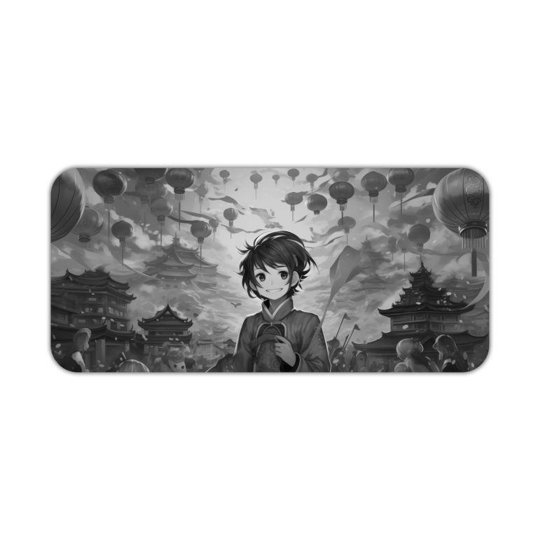 Desk pad featuring a ninja anime boy with a background of traditional Asian architecture and floating lanterns in grayscale. Desk Pad kept on a plain white background