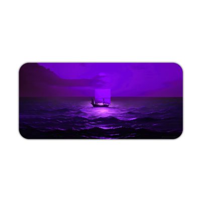 Tranquil ocean scene in purple twilight with gentle waves and a distant silhouette, creating a dreamy atmosphere. Desk Pad kept on a plain white background