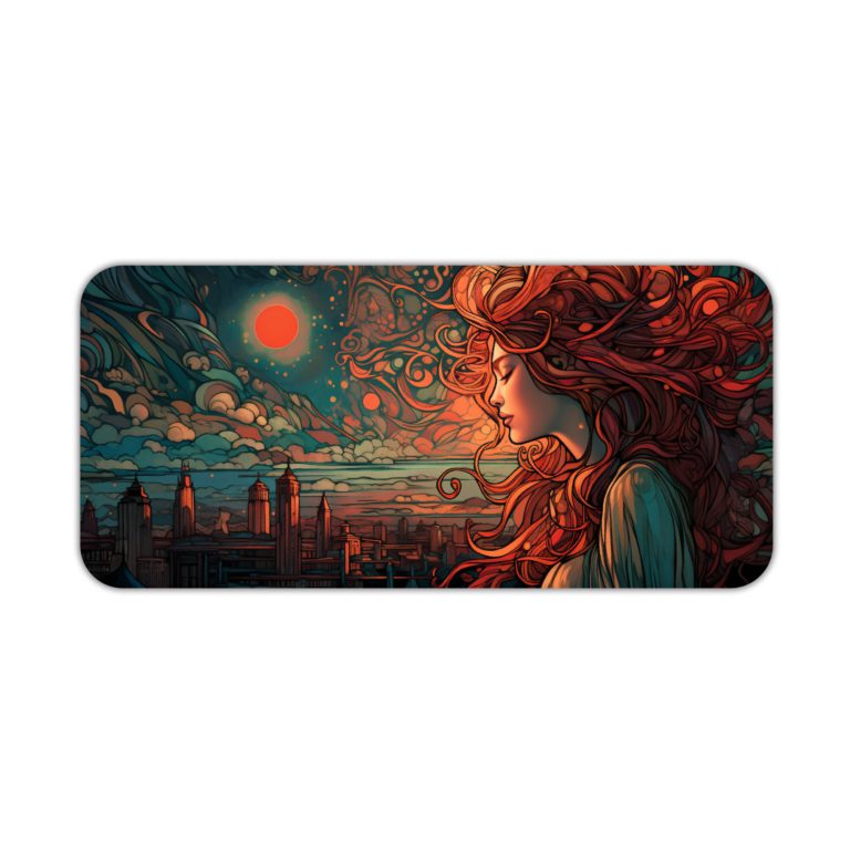 Anime woman with flowing red hair against a dreamlike background with a night sky, bright moon or sun, and distant city silhouettes. Desk Pad kept on a plain white background