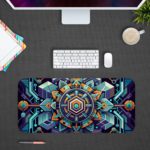 Infidu desk pad with vibrant geometric patterns in blue, turquoise, orange, and teal, featuring a futuristic design with intricate details. Desk Pad in computer table