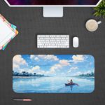 Man rowing a boat on calm water with a bright blue sky and fluffy white clouds reflecting below. Design Kept on a computer table