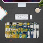 Infidu Artistic Desk Mat with abstract cityscape design in yellow and blue with white lines. Desk Pad with Design Kept on a computer table