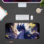 Our talented digital artists designed a desk pad with a colorful forest scene featuring an anime dragon-like creature. Desk Pad kept on a plain white background