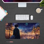 Anime character in a coat and hat overlooking a nighttime cityscape with twinkling lights and a full moon on the Infidu Artistic Desk Mat. Design Kept on a computer table