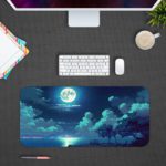 Serene nighttime scene with a full moon reflected in calm waters and tree silhouettes on the Infidu Nature Inspired Desk Mat. Design Kept on a computer table