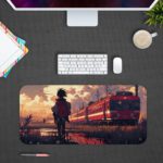 A Boy standing by train tracks with a red train and sunset in the background on the Infidu Artistic Desk Pad. Design Kept on a computer table