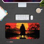 Ninja samurai standing in water with a warm sunset backdrop on the Infidu Creative Workspace Desk Pad. Design Kept on a computer table