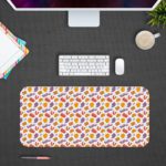 Desk pad with orange and yellow spots on a white background, featuring a playful and lively design. Desk Pad in computer table