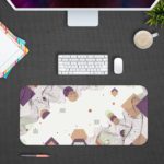 Infidu Desk Pad with abstract geometric shapes in white, beige, and light purple on a white background. Desk Pad kept on a gray background