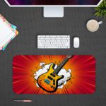 Infidu Electro Spectrum with Guitar Desk Pad featuring a bold red and white background with dramatic contrasts. Desk Pad kept on a gray background