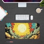 Infidu Color Wave Boom Animated Desk Pad with a bright sun, rocky landscape, and bold red, blue, yellow, and gray colors in a comic-style design. Desk Pad kept on a gray background