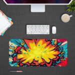 Infidu Color Wave Boom Animated Desk Pad with a bright sun, bold red, blue, and yellow colors, and a comic-style rocky landscape. Desk Pad kept on a gray background