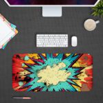 Infidu Color Wave Boom Desk Pad with a bright sun and colorful rocky background in red, blue, yellow, and white. Desk Pad kept on a gray background