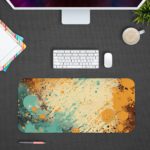 Infidu Color Splash Animated Desk Pad featuring a bubble-like pattern with blue and yellow colors on an abstract, marbled background. Desk Pad kept on a gray background