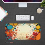 Infidu Color Splash Animated Desk Pad featuring a bubble-like pattern with red, blue, and orange colors on an abstract, marbled background. Desk Pad kept on a gray background