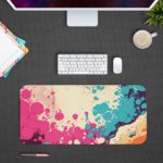 Infidu Color Splash Animated Desk Pad featuring a bubble-like pattern with pink, blue, and orange colors on an abstract, marbled background. Desk Pad kept on a gray background