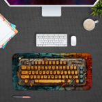 Infidu Tech Fusion with Keyboard Desk Pad featuring a vibrant, colorful background with blue and red colors and a splash effect. Desk Pad kept on a gray background