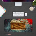 Infidu Tech Fusion with Keyboard Desk Pad featuring a vibrant, colorful background with gray, red, and sandal colors and a splash effect. Desk Pad kept on a gray background