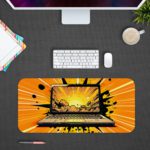 Infidu Tech Fusion with Laptop Desk Pad featuring a comic-book-style laptop design with a bright black and yellow background. Desk Pad kept on a gray background