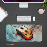 Infidu Tech Fusion with Mouse Desk Pad featuring a white mouse with orange and black details, splattered blue, white, and red background. Desk Pad kept on a gray background