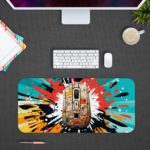 Infidu Tech Fusion with Mouse Desk Pad featuring a vibrant blue and yellow design. Desk Pad kept on a plain gray background