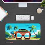 Tropical beach scene with red goggles, palm trees, and a clear blue sky on Infidu Tech Fusion with Sunglass Desk Pad. Desk Pad kept on a plain gray background