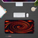 Infidu Artistic Patterns Desk Pad features a swirling red spiral on a deep black background, creating a dramatic vortex effect. Desk Pad with Design Kept on a computer