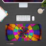 Infidu Artistic Patterns Desk Pad features a striking circular pattern with colorful segments in green, red, blue, and yellow. Desk Pad with Design Kept on a computer table