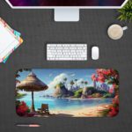 Infidu Nature Inspired Desk Pad with a calm blue sea, beach umbrella, chair, and bougainvillea flowers, in soft blues, greens, and pinks. Design Kept on a computer table