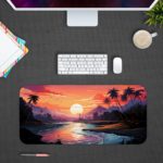 Desk pad with a tropical beach scene at sunset or sunrise, featuring vibrant colors, palm trees, and ocean reflections. Design Kept on a computer table