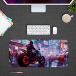 Desk pad featuring a stylish biker on a red-wheeled motorcycle with a blurry blue and purple urban background. Design Kept on a computer table