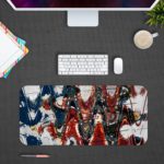 Infidu Artistic Desk Pad with abstract brushstroke pattern in red, blue, and black on a white background. Design Kept on a computer table