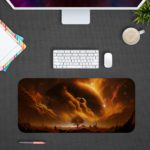 Infidu Space Desk Pad features a rocky planet with a dramatic sun against a swirling orange and yellow sky. Desk Pad with Keyboard and Mouse in gray background