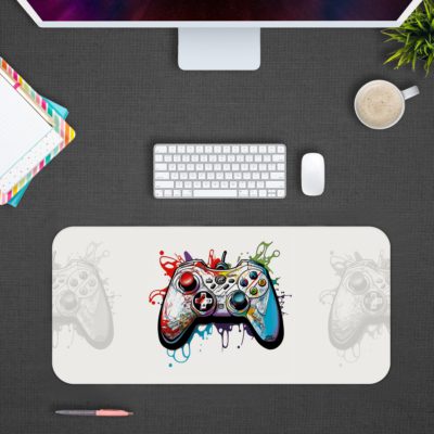 Gaming Desk Pad featuring a multi-colored controller on a mainly white background, designed for a unique and artistic look Desk Pad in computer table