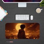 Desk pad featuring an anime-style silhouette of a person facing a glowing full moon with a nighttime cityscape background in warm colors. Design Kept on a computer table