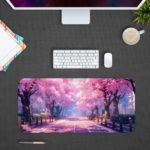 Desk mat featuring cherry blossom trees lining a peaceful pink and purple pathway. Design Kept on a computer table