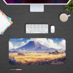 Desk pad with a serene mountain landscape, snowy peaks, blue sky, and desert terrain. Design Kept on a computer table