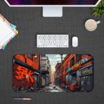 Desk pad showing a narrow street with colorful buildings and graffiti, creating a dynamic urban atmosphere. Design Kept on a computer table