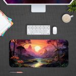 Desk pad with a tranquil lake, colorful sky, and silhouetted trees, featuring vibrant shades of orange, purple, and blue. Design Kept on a computer table