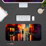 Desk pad featuring a vibrant nighttime city scene with bright colors reflecting off wet streets. Silhouette of a person with an umbrella in the center. Design Kept on a computer table