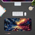 Desk pad with an abstract, colorful design featuring deep blues, warm oranges, and purple tones in geometric, pixelated patterns. Design Kept on a computer table